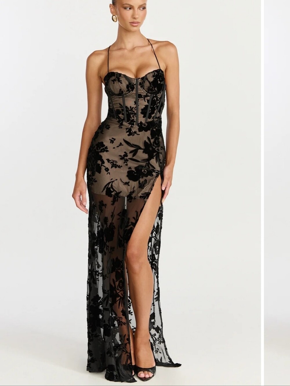 SHOWPO Violeta  black maxi dress Corset Front Burnout Dress  women size 6 NEW